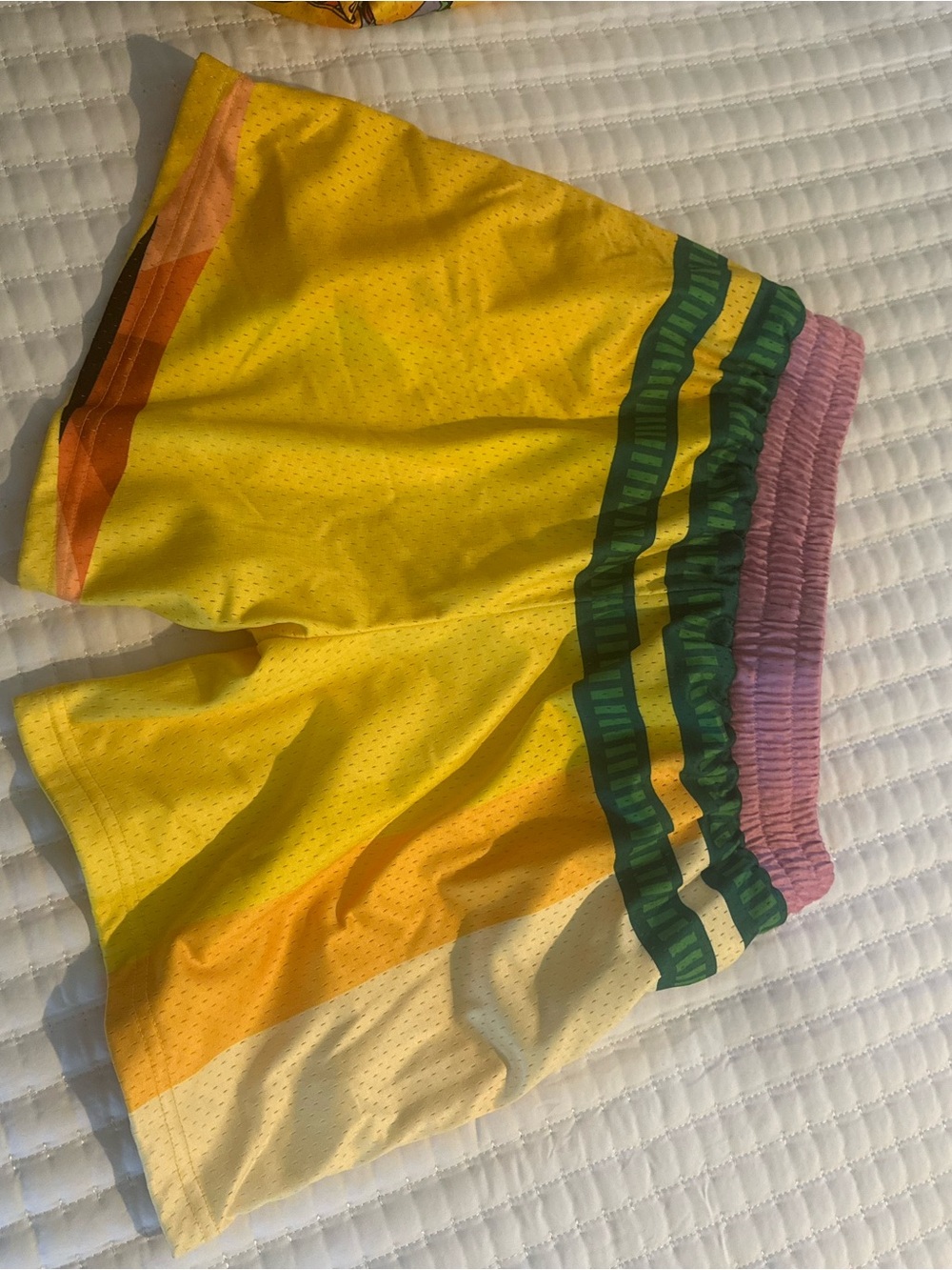 Kids Yellow Mesh Athletic Shorts with Colorful Waistband